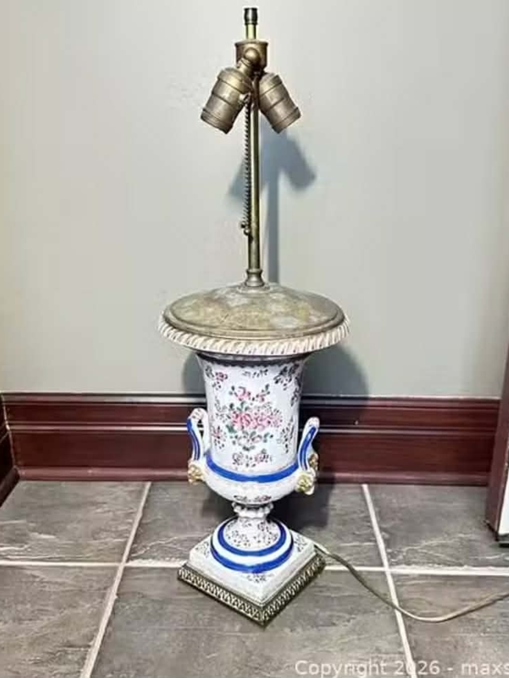 Vintage Brass And Porcelain Floral Urn Table Lamp in White and Blue No Shade